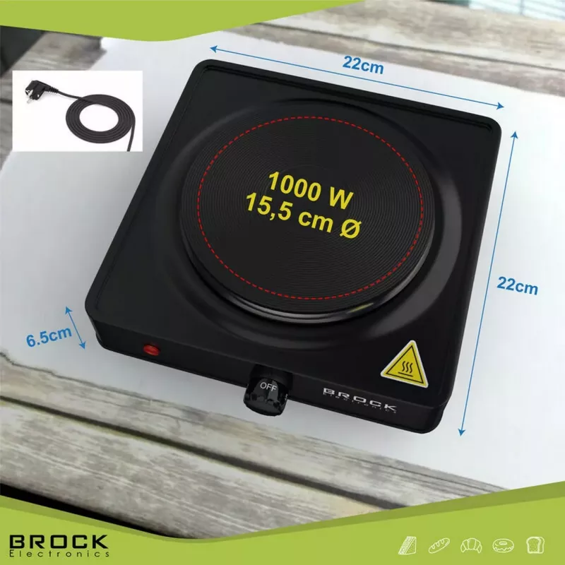 Brock EP 100 BK enkele elektrische kookplaat, 1500 W, zwart