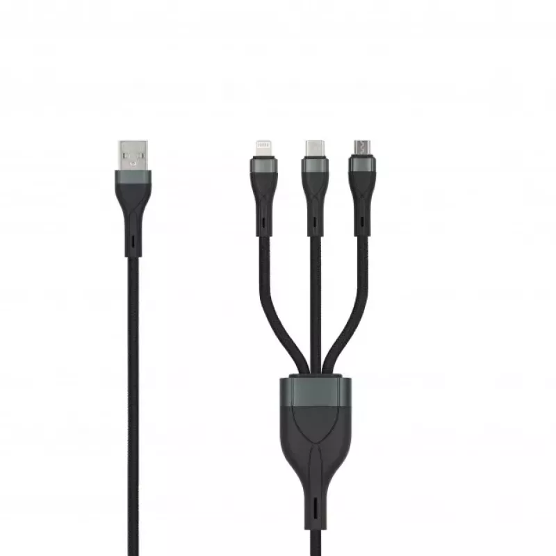 SEEK TOTI USB-A naar micro-USB / USB-C / Lightning 1,5m gevlochten kabel 2A (non-MFI) zwart