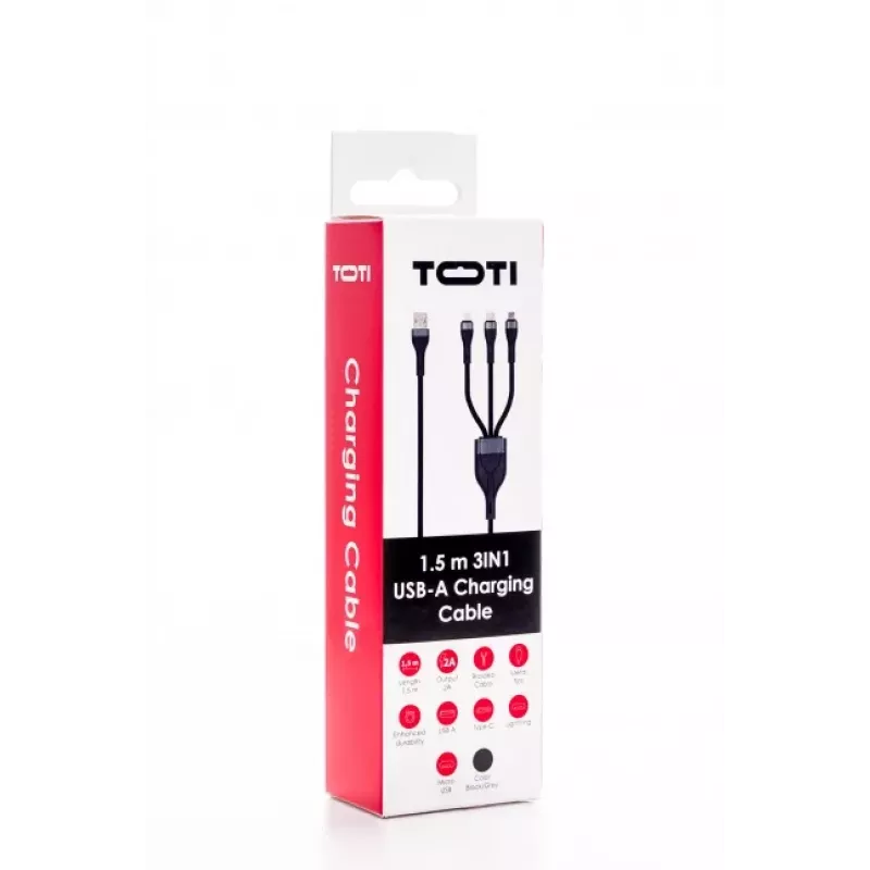 SEEK TOTI USB-A naar micro-USB / USB-C / Lightning 1,5m gevlochten kabel 2A (non-MFI) zwart