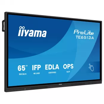 IIYAMA ProLite TE6513A-B3AG 65-inch 4K UHD IPS LED interactief touchdisplay met IR-touch, 20-punts touch, Android 11, 400 cd/m², 8 ms, HDMI, DisplayPort, USB-C, VGA, LAN, Wi-Fi, Bluetooth, VESA 600x400, zwart