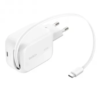 Belkin UltraCharge 45W Dual GaN oprolbare USB-C-oplader wit