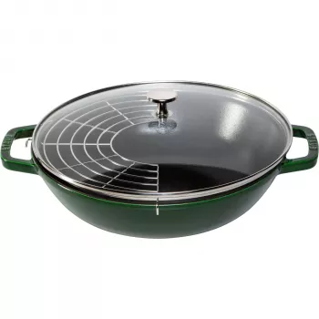 STAUB wok 30 cm met deksel gietijzer basilicumgroen