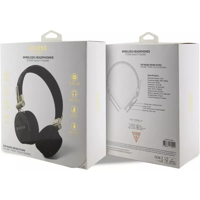 GUESS GUBH704GEMK over-ear Bluetooth-hoofdtelefoon, zwart, 4G metal logo
