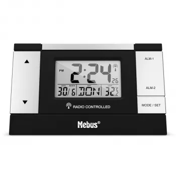 MEBUS 51059 Digitale wekker - Zwart/Zilver - LCD-display - 12/24h - accu - Micro-USB