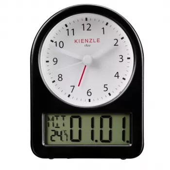 KIENZLE retro wekker (14985) - zwarte metalen behuizing, witte wijzerplaat, lichtgevende wijzers