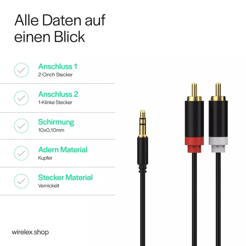 ShiverPeaks audio 3,5mm jack naar 2x RCA stereo audiokabel 1,5m verguld zwart
