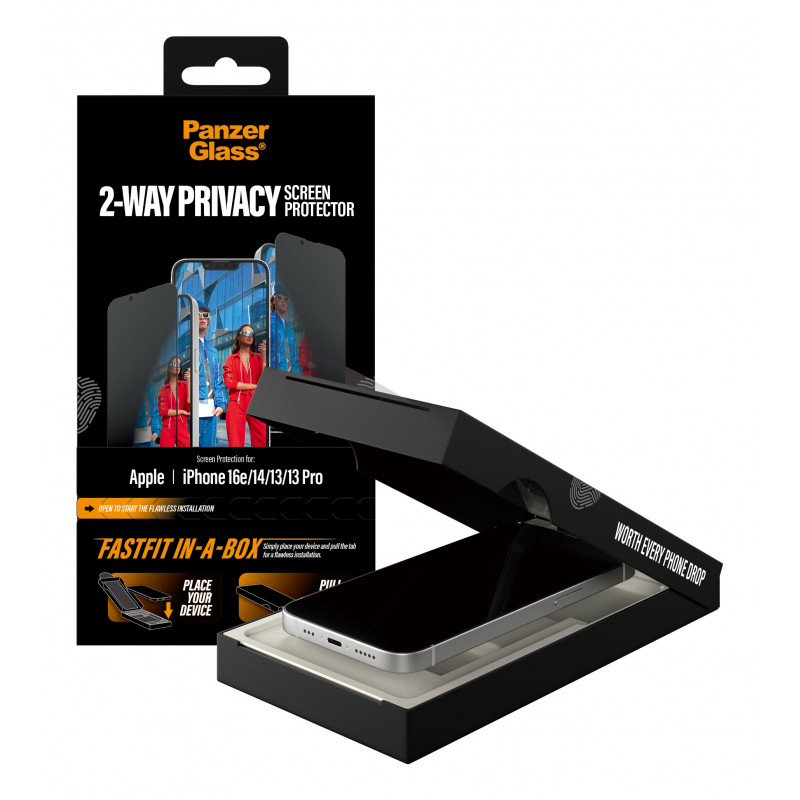 PanzerGlass 2-Way privacy screenprotector voor iPhone 17e/16e/14/13/13 Pro, Ultra-Wide Fit met FastFit In-A-Box (PG02105)