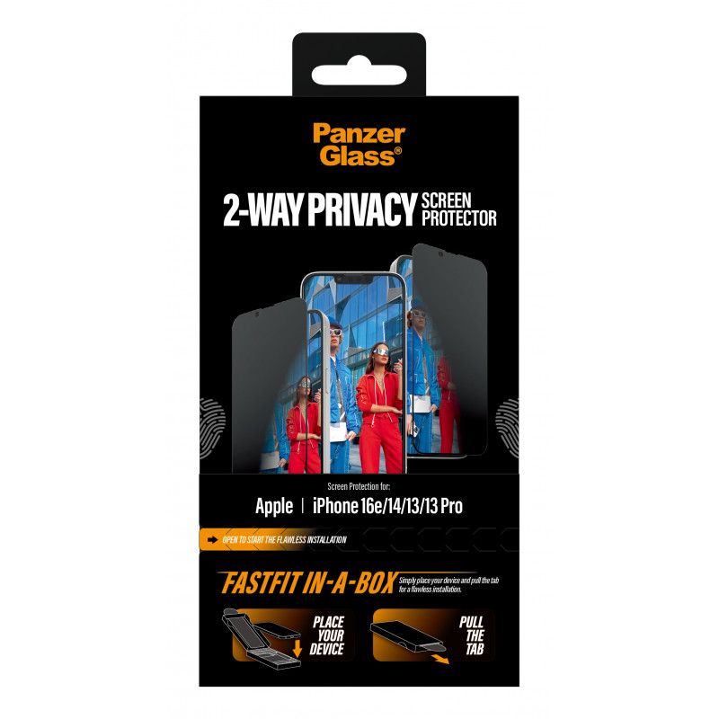 PanzerGlass 2-Way privacy screenprotector voor iPhone 17e/16e/14/13/13 Pro, Ultra-Wide Fit met FastFit In-A-Box (PG02105)