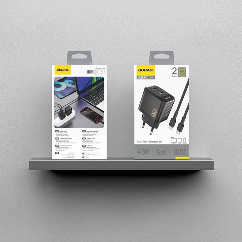 Dudao A28PCEU 45W GaN-voeding met 2x USB-C en 1m USB-C-kabel - zwart