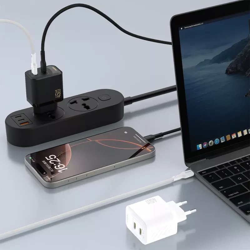 Dudao A28PCEU 45W GaN-voeding met 2x USB-C en 1m USB-C-kabel - zwart