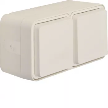 Hager WNC144B SCHUKO opbouw-stopcontact 2-voudig horizontaal IP55 met klepdeksel, polarwit