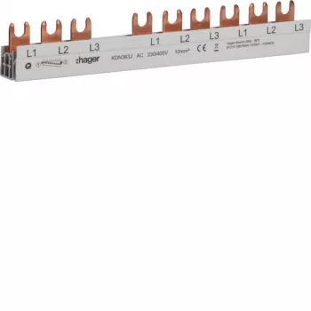 Hager KDN363J 3-polige faseverzamelrail met vorkaansluiting 10mm² 63A 10 modules