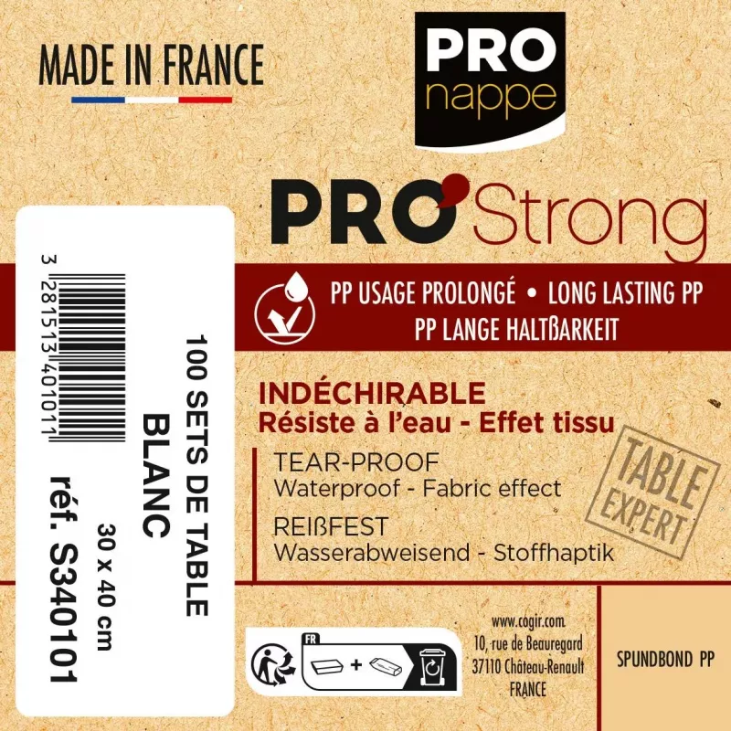 PROnappe wegwerp-tafelmat Spunbond 400 x 300 mm wit Spunbond PP-materiaal 50 g/m²