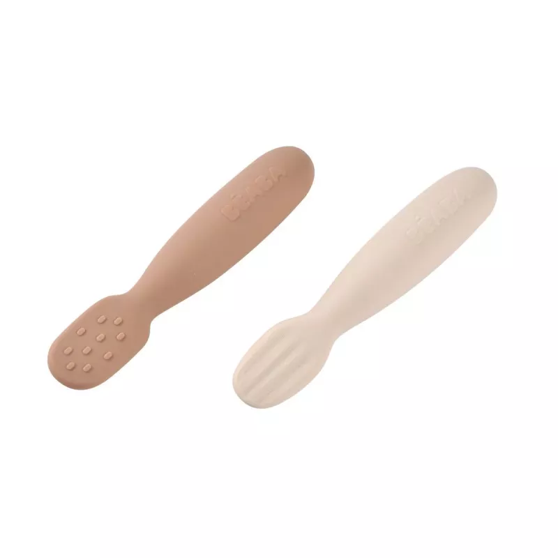 Beaba set van 2 siliconen eerste lepels-bijtringen praline/clay