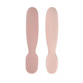 Beaba set van 2 siliconen eerste lepels & bijtringen cotton candy/sorbet