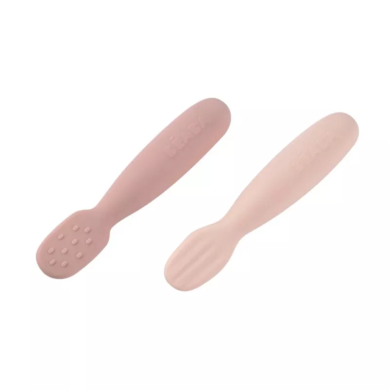 Beaba set van 2 siliconen eerste lepels & bijtringen cotton candy/sorbet