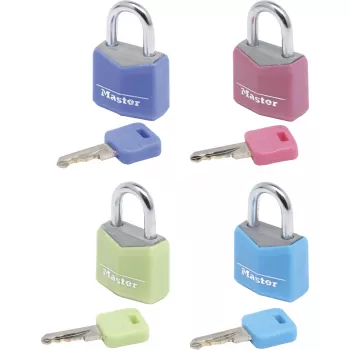 Master Lock 9120EURQCOLNOP 20 mm massief aluminium sleutelhangslot 4-pack diverse kleuren blauw groen roze violet
