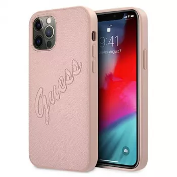 Guess GUHCP12LRSAVSRG Saffiano Vintage Script Hard Case voor Apple iPhone 12 Pro Max, Roze