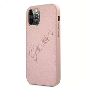 Guess GUHCP12LRSAVSRG Saffiano Vintage Script Hard Case voor Apple iPhone 12 Pro Max, Roze