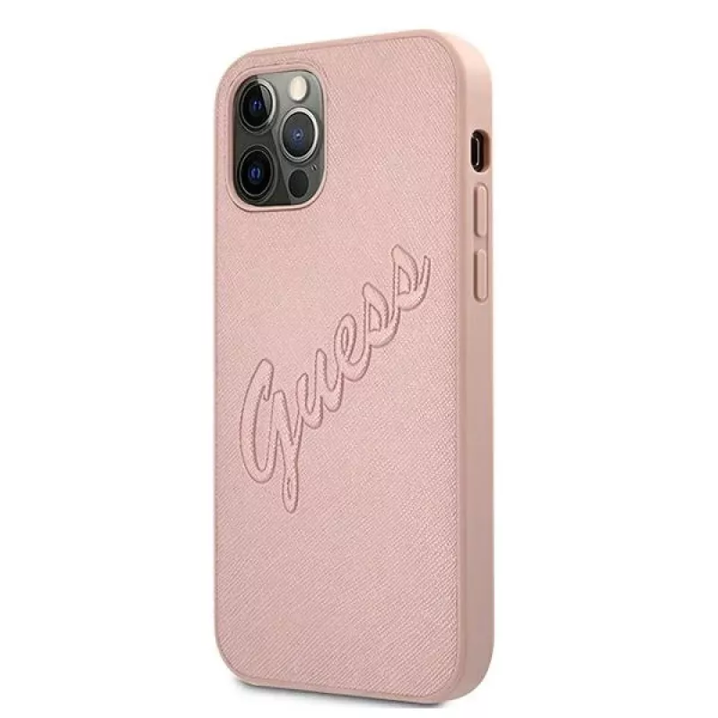 Guess GUHCP12LRSAVSRG Saffiano Vintage Script Hard Case voor Apple iPhone 12 Pro Max, Roze