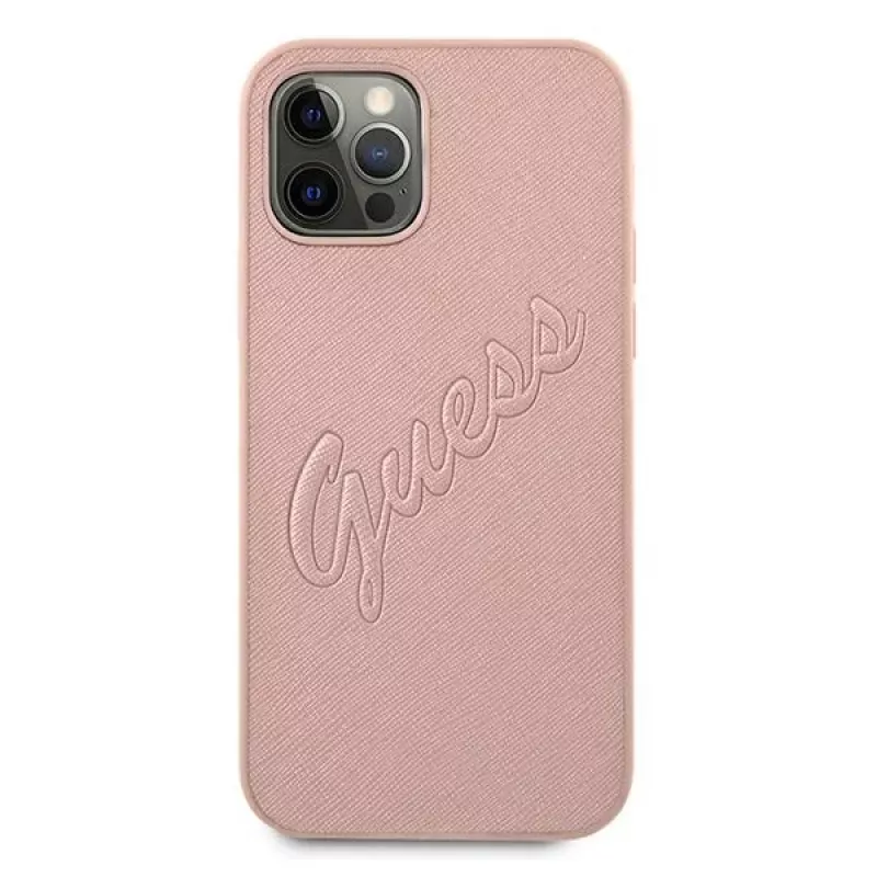 Guess GUHCP12LRSAVSRG Saffiano Vintage Script Hard Case voor Apple iPhone 12 Pro Max, Roze
