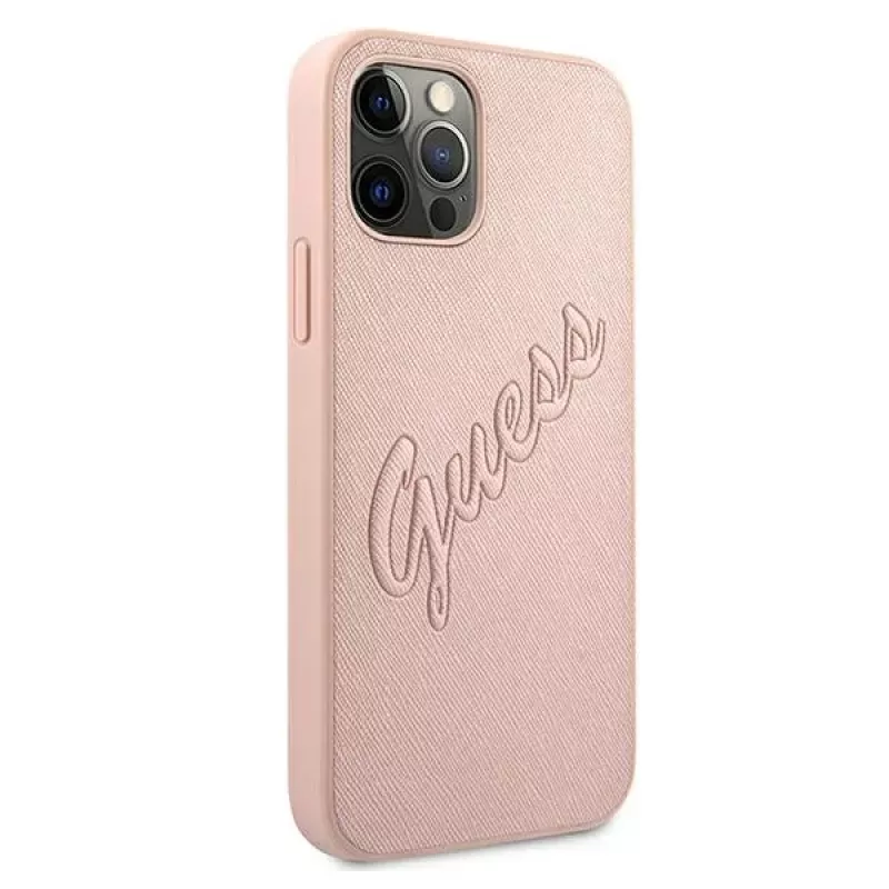 Guess GUHCP12LRSAVSRG Saffiano Vintage Script Hard Case voor Apple iPhone 12 Pro Max, Roze