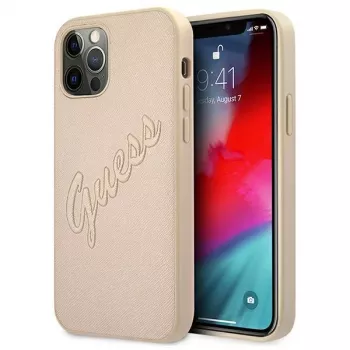Guess Saffiano Vintage Script Hard Case voor Apple iPhone 12 Pro Max 6,7 inch - goud