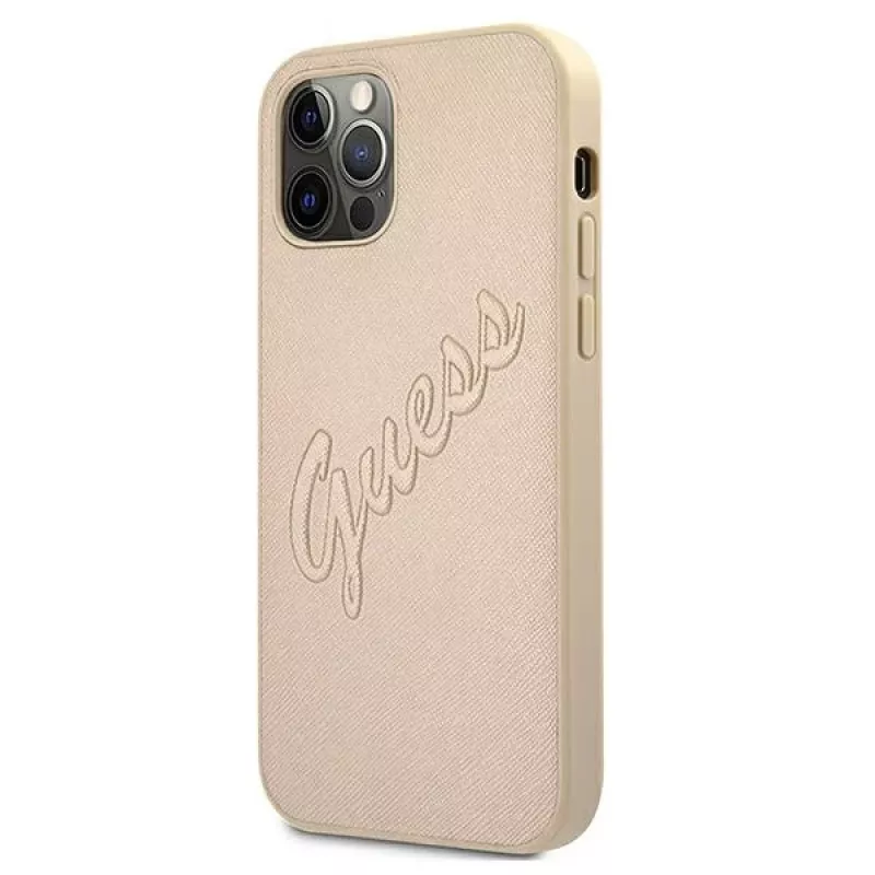 Guess Saffiano Vintage Script Hard Case voor Apple iPhone 12 Pro Max 6,7 inch - goud