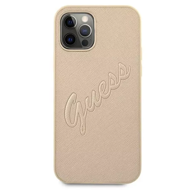 Guess Saffiano Vintage Script Hard Case voor Apple iPhone 12 Pro Max 6,7 inch - goud
