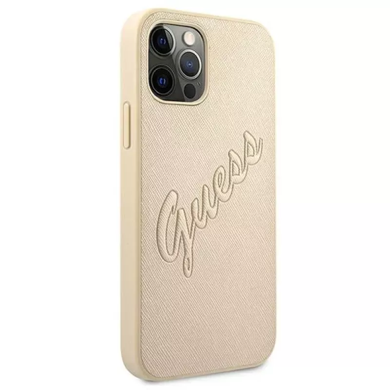 Guess Saffiano Vintage Script Hard Case voor Apple iPhone 12 Pro Max 6,7 inch - goud