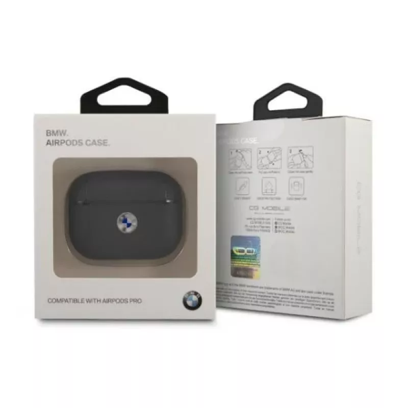 BMW AirPods Pro hoesje marineblauw van echt leer zilverkleurig logo