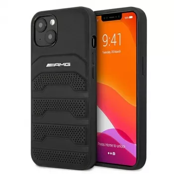 AMG AMHCP13SGSEBK iPhone 13 Mini 5,4 inch hardcase leer zwart met geprinte lijnen