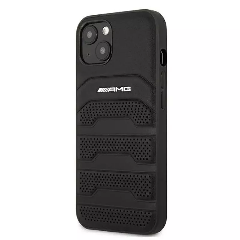 AMG AMHCP13SGSEBK iPhone 13 Mini 5,4 inch hardcase leer zwart met geprinte lijnen