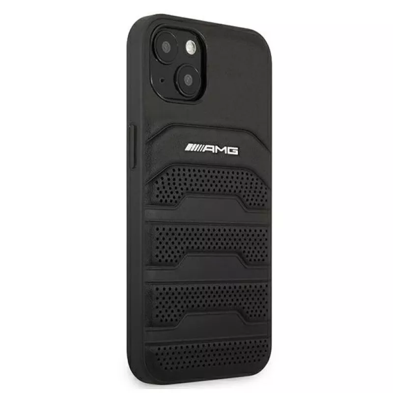 AMG AMHCP13SGSEBK iPhone 13 Mini 5,4 inch hardcase leer zwart met geprinte lijnen