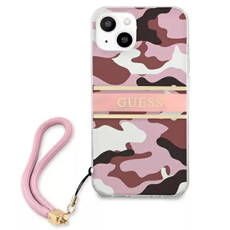 Guess GUHCP13MKCABPI hardcase voor iPhone 13 / 14 / 15 6,1 inch roze camo Strap Collection