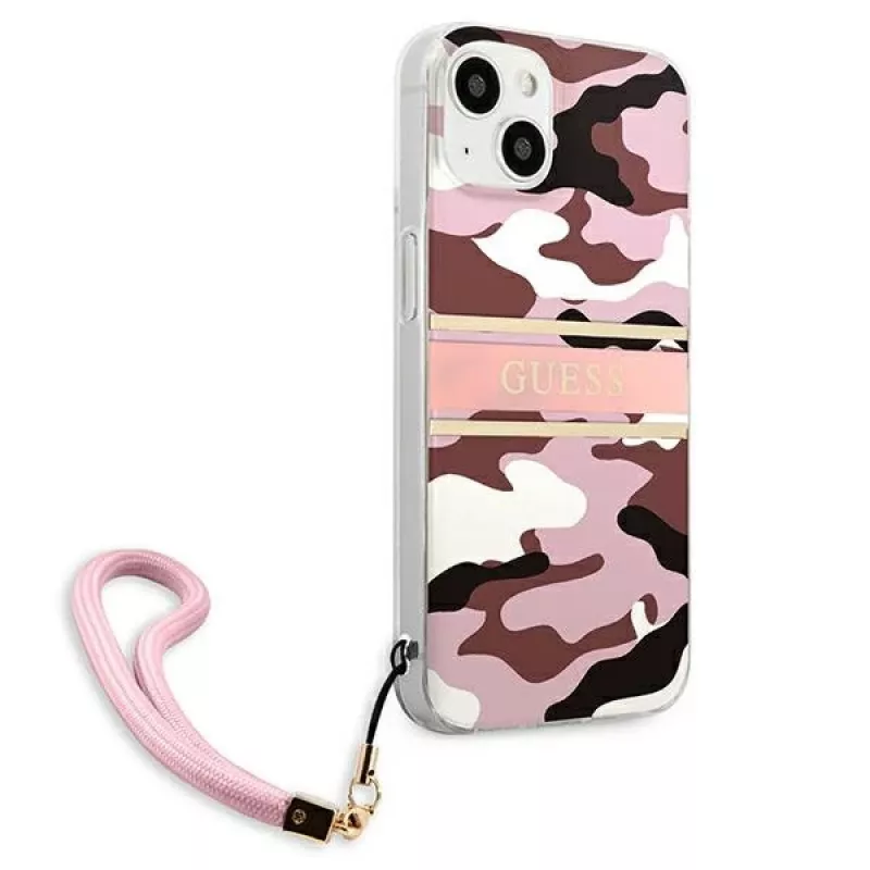 Guess GUHCP13MKCABPI hardcase voor iPhone 13 / 14 / 15 6,1 inch roze camo Strap Collection