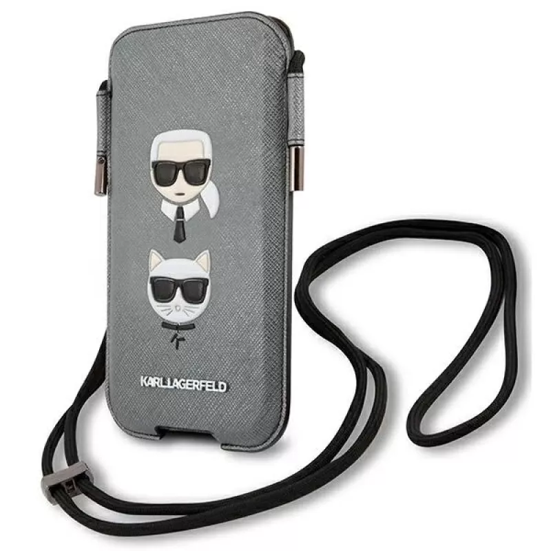 Karl Lagerfeld Ikonik hardcase voor Apple iPhone 12 Pro Max, grijs Saffiano PU, Karl & Choupette Head-design