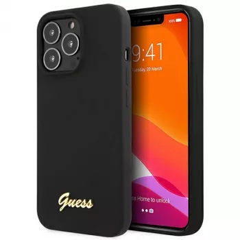 Guess GUHCP13XLSLMGBK iPhone 13 Pro Max 6,7 inch zwarte siliconen hoes met gouden Script-logo