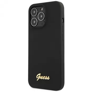 Guess GUHCP13XLSLMGBK iPhone 13 Pro Max 6,7 inch zwarte siliconen hoes met gouden Script-logo