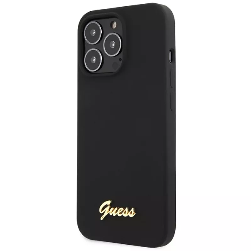 Guess GUHCP13XLSLMGBK iPhone 13 Pro Max 6,7 inch zwarte siliconen hoes met gouden Script-logo