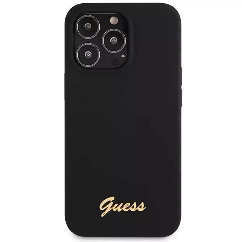 Guess GUHCP13XLSLMGBK iPhone 13 Pro Max 6,7 inch zwarte siliconen hoes met gouden Script-logo