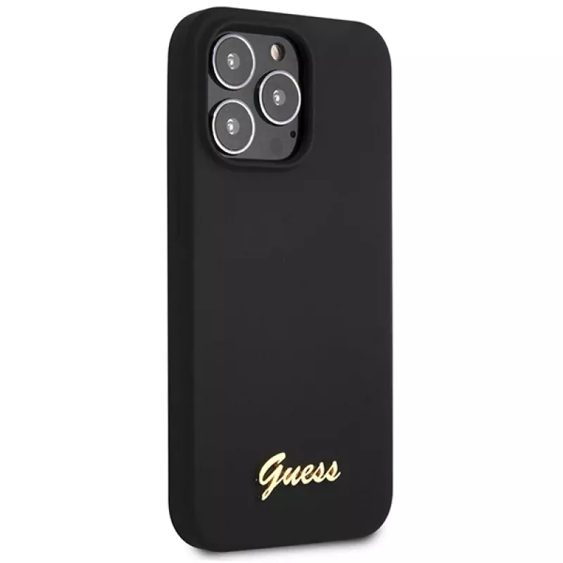 Guess GUHCP13XLSLMGBK iPhone 13 Pro Max 6,7 inch zwarte siliconen hoes met gouden Script-logo