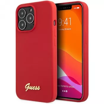 Guess GUHCP13XLSLMGRE iPhone 13 Pro Max 6.7 bordeauxrode siliconen hardcase met vintage gouden logo