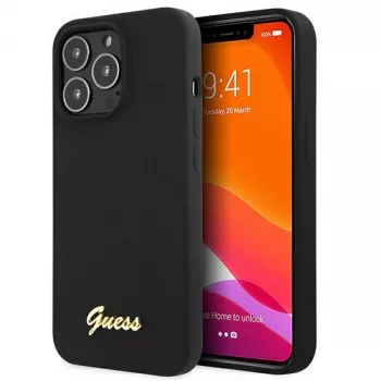 Guess GUHMP13XLSLMGBK siliconen hardcase voor Apple iPhone 13 Pro Max 6,7 inch zwart met gouden script-logo MagSafe