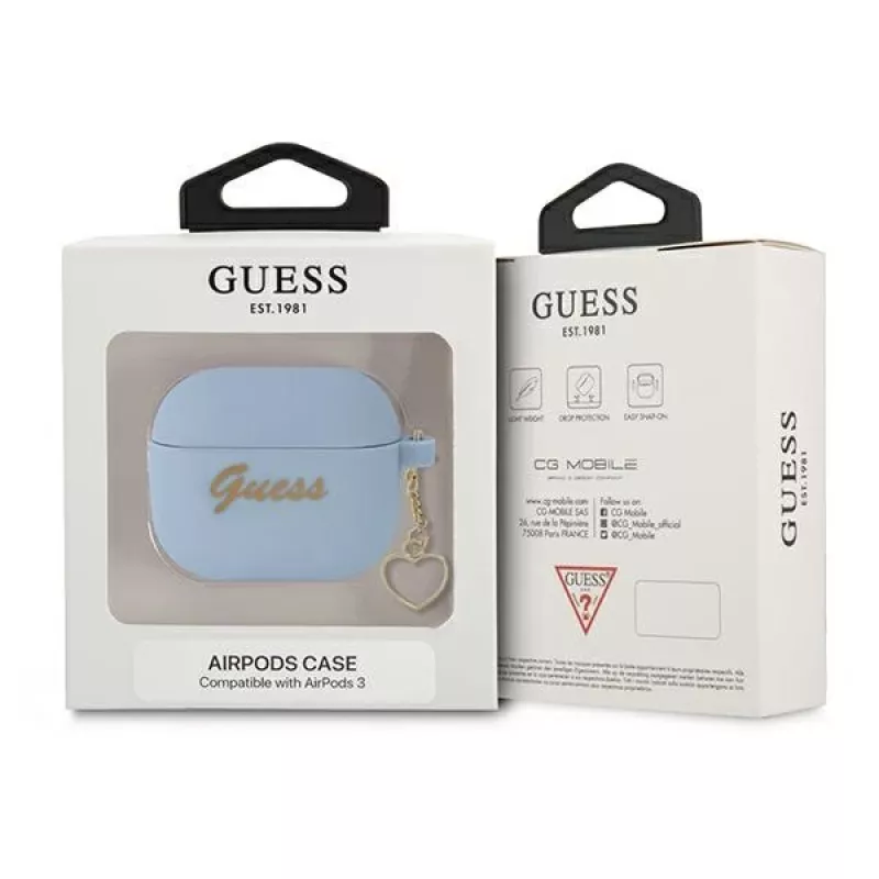 Guess GUA3LSCHSB Charm Heart Collection siliconen hoesje voor AirPods 3, blauw
