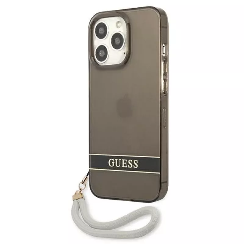 Guess GUHCP13LHTSGSK transparante hardcase met handkoord voor Apple iPhone 13 Pro / iPhone 13, zwart