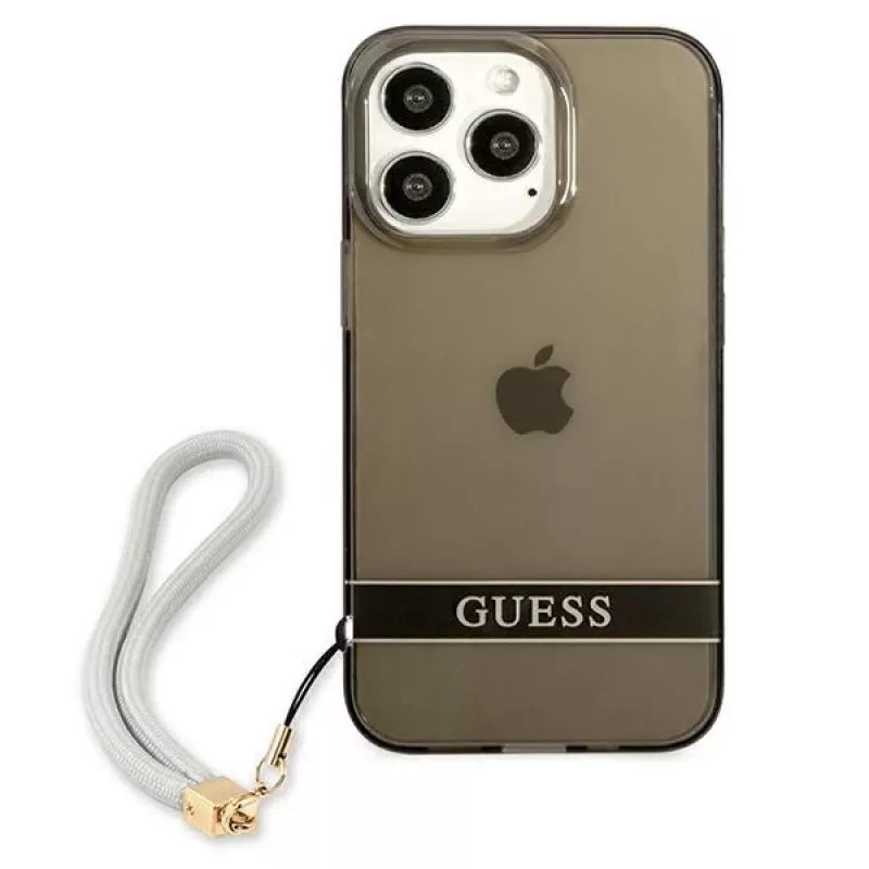 Guess GUHCP13LHTSGSK transparante hardcase met handkoord voor Apple iPhone 13 Pro / iPhone 13, zwart