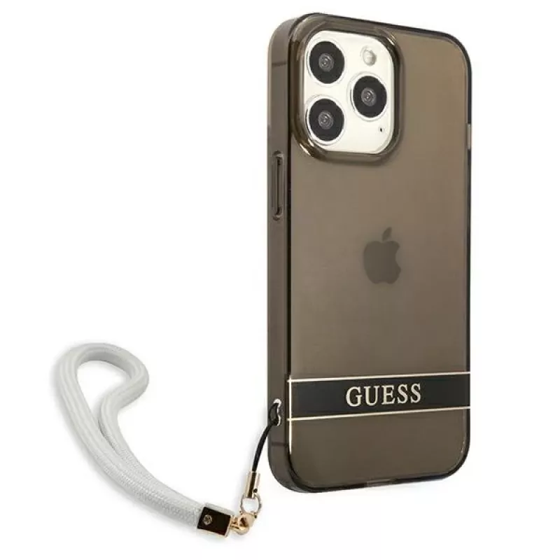 Guess GUHCP13LHTSGSK transparante hardcase met handkoord voor Apple iPhone 13 Pro / iPhone 13, zwart