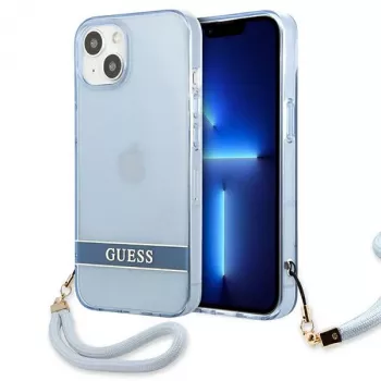 Guess GUHCP13SHTSGSB iPhone 13 mini 5,4 inch blauwe transparante hardcase met draagriem
