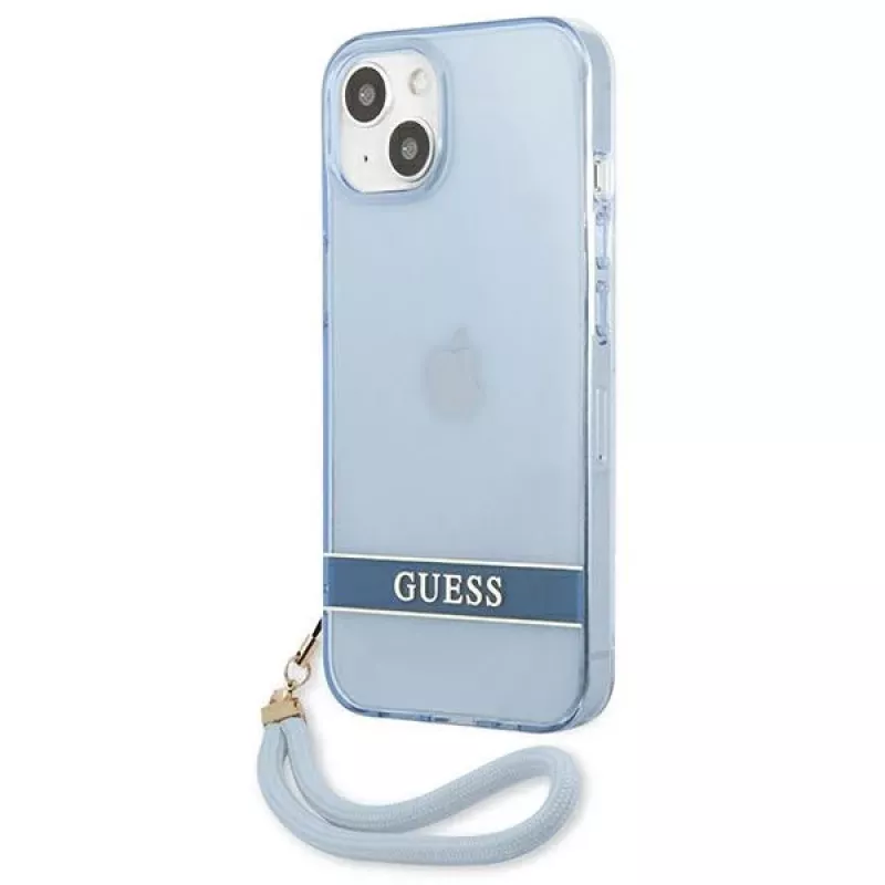 Guess GUHCP13SHTSGSB iPhone 13 mini 5,4 inch blauwe transparante hardcase met draagriem